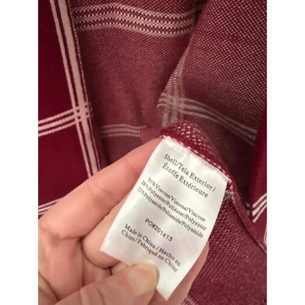 Modcloth Burgundy Cream Plaid Heavy Open Front Cardigan Sweater Large - Picture 5 of 6